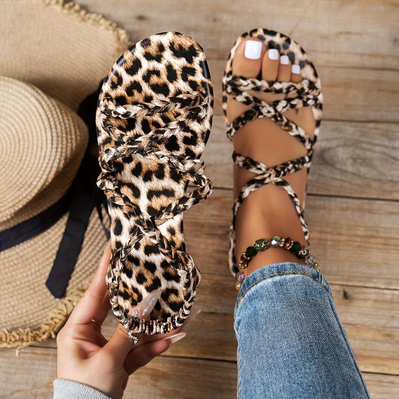 Women'S Leopard Print Flat Sandals - Stylish Braided Strap Elastic Non-Slip Summer Beach Shoes with TPR Sole Casual Open-Toe Design for Casual Attire,