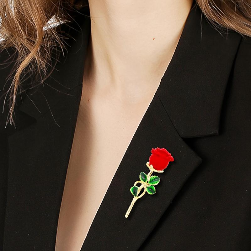 [Holiday Joy] Elegant Red Rose Brooch with Green Leaves - Stylish Alloy Lapel Pin, Perfect for Dresses, Sweaters, and Coats - Th