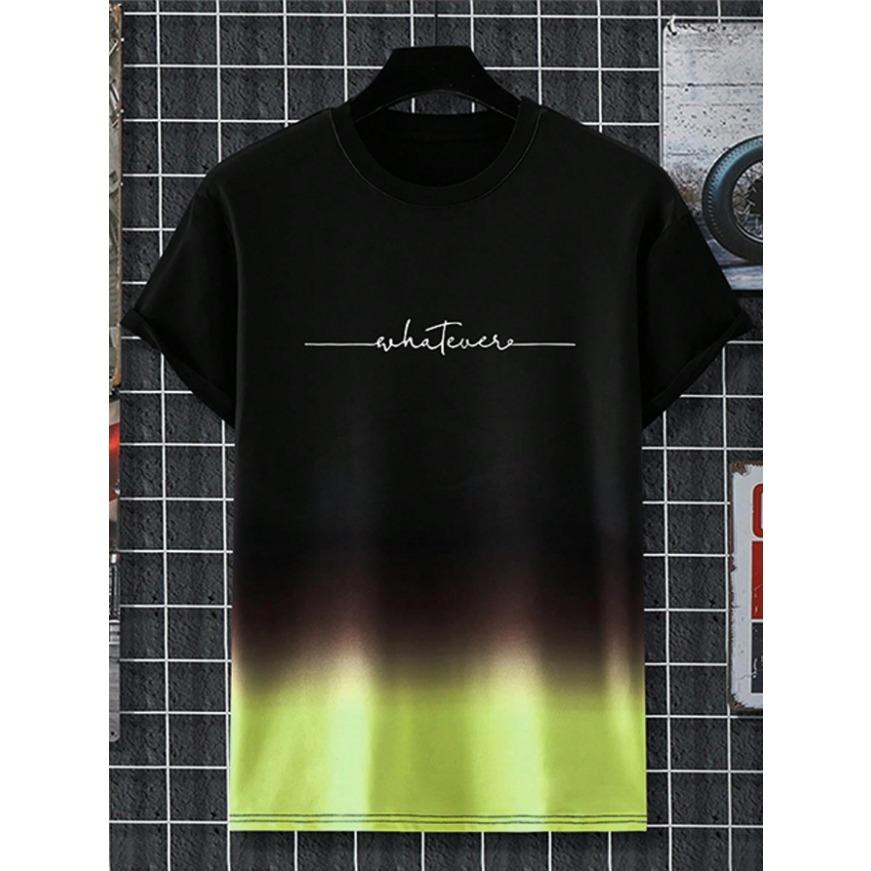 Gradient Letters Crew Neck Short Sleeve Alphabet Print T-Shirt Casual Weekend Wear for Men and Teens Vacation Resorts Spring/Summer/Fall