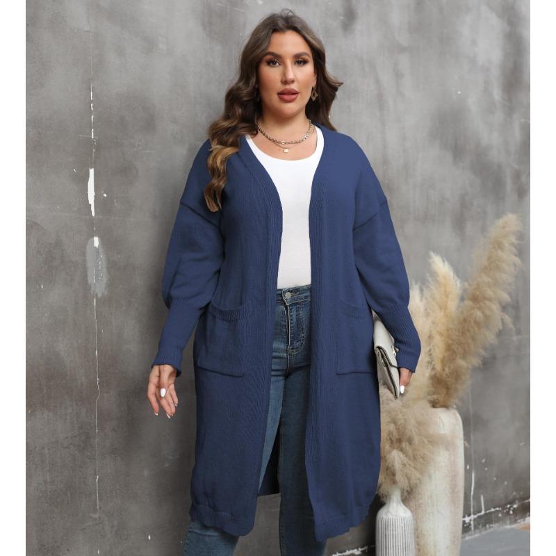 Damen Übergröße Locker Mittellang Laternenärmel V-Ausschnitt Doppeltasche Strick Cardigan Pullover