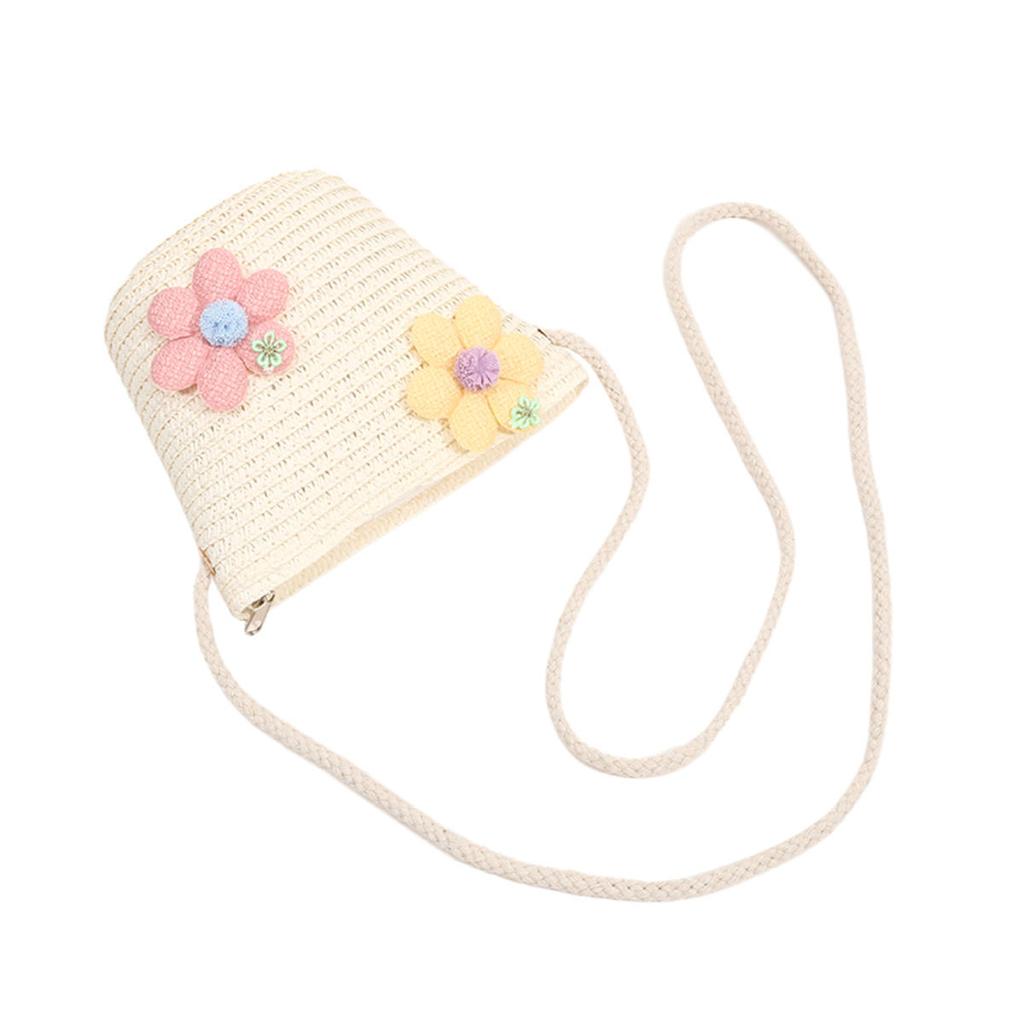 Girl Zipper Flower Straw Bag Cute Photo Props Handmade Woven Kid Messenger Bags Storage Basket Coin Purse Crossbody Handbag