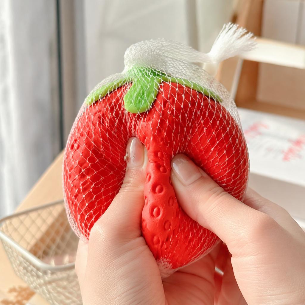 Strawberry Shaped Mesh Squishy Toy Soft Sensory Stress Relief Squeeze Ball with Textured Surface for Hand Exercise and Focus