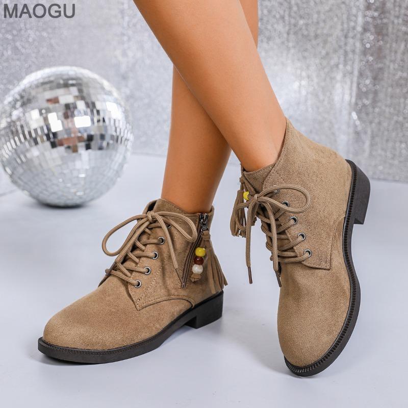 Bottines courtes à talons bas en PU daim Automne Nouveau Bout rond Lacets sur le devant Fermeture éclair latérale Semelle souple Antidérapantes Bottines pour femmes Botines