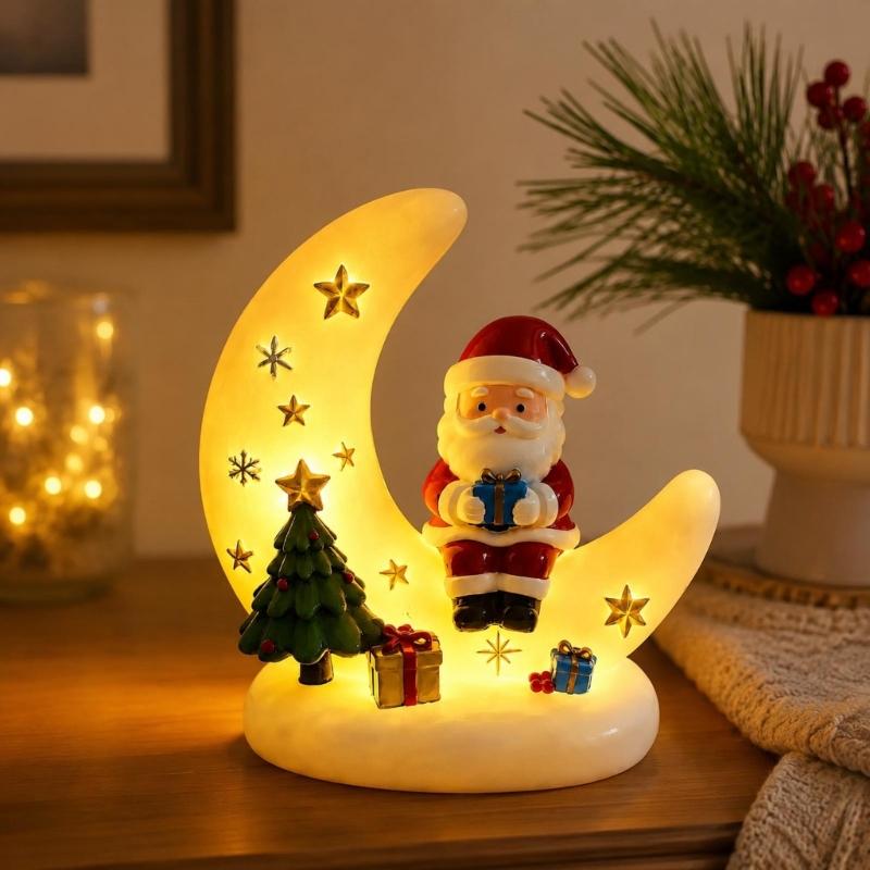Curved Moon Santa Christmas Decoration with Warm LED Light, Seasonal Tree and Gift Figures, Plus USB Power for Indoor Desk, Shelf and Window Displays