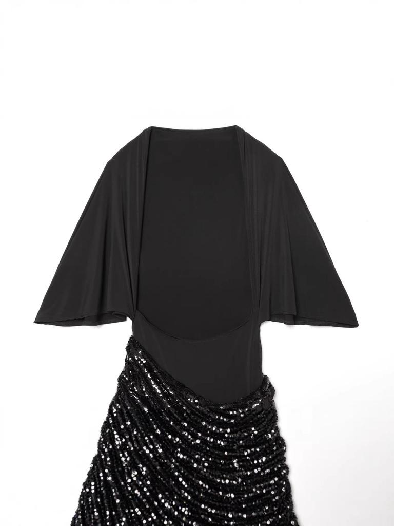 Europäischer & Amerikanischer Stil Damen Elegantes Rückenfreies Pailletten-Midikleid mit Gürtel