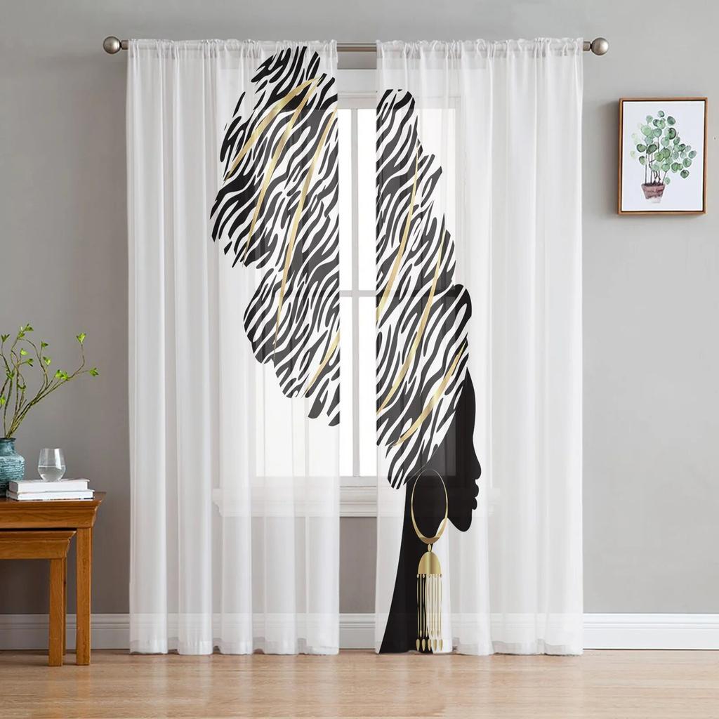African Woman Skirt Texture Tulle Curtains for Living Room Bedroom Sheer Curtain for Balcony Hall Fashion Printed Home Drapes