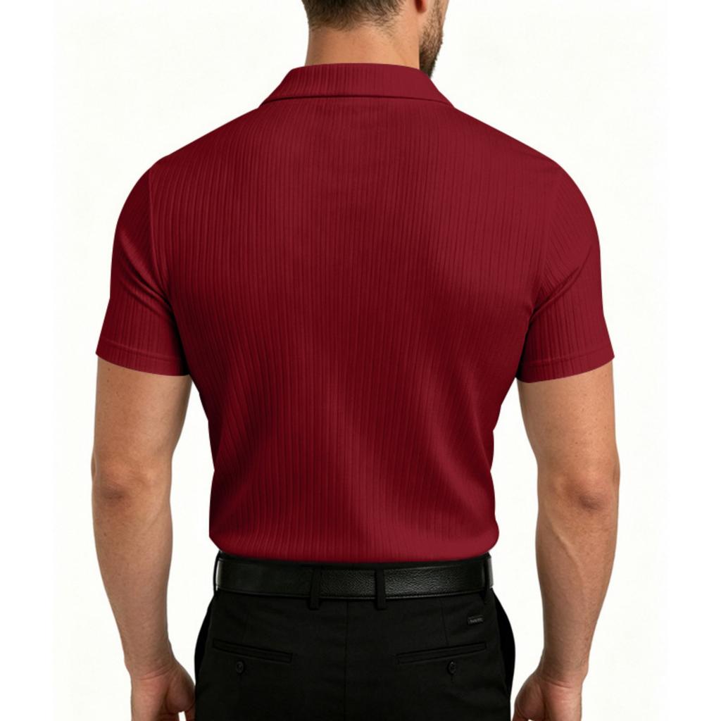 Men's Stretchy Breathable Knitted Polo Shirt with V Neck Ribbed Texture Short Sleeve Classic Fit for Casual and Business Wear
