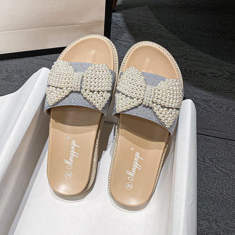 

Женские летние тапочки, новые модные тапочки-шлепанцы на толстой подошве с жемчужным бантом 43 серебряный