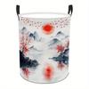 Asian Style Ink Mountain Landscape Laundry Basket - Red Sun Cherry Blossom Pattern Durable Round Laundry Hamper with Sturdy Handles, Suitable for Home