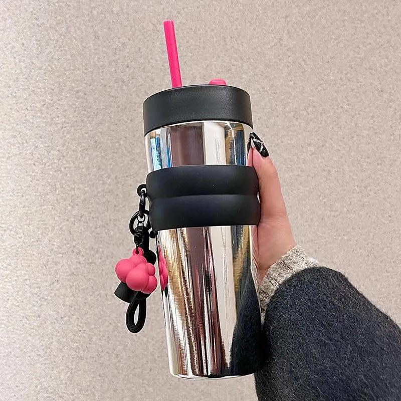 710ml Large Capacity Car Thermos Mug Stainless Steel Vacuum Flask With Retractable Straw Leak-Proof Coffee Tea Cold Drink Bottle