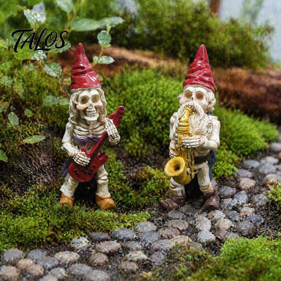 Dark Pastoral Style Decoration Halloween Skeleton Gnome Musician Resin Figurine, Hand-Painted Gothic Statue with Guitar Dwarf Band Figurines