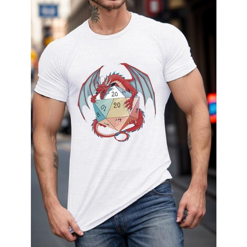 European sizes Men'S T-Shirt with Red Dragon & D20 Graphic - Casual Crew Neck, Slight Stretch, Knit Fabric, Summer Short Sleeve Tee for Adult
