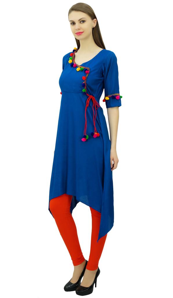 Phagun Angrakha Style Rayon Womens Tunic Kurta Pom-Pom Designer Kurti Top Indian