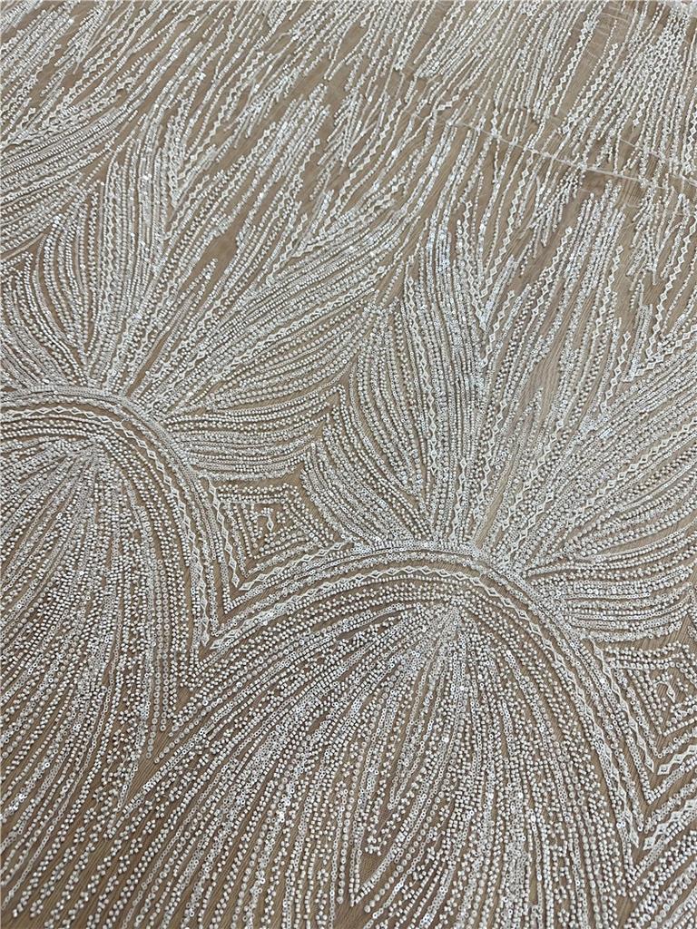 2025 Neueste Hochwertige Weiße Perlen Pailletten Stickerei Spitze Stoff Einzigartiger Hochzeitskleid Spitzenstoff 1 Yard