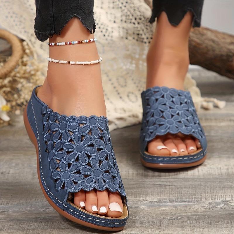 Ladies, Floral Design, Comfortable Sandals, Hollow, Thick Soled, Walking Shoes, Wedge Heel Slippers