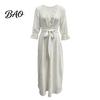 Daily Wear Lace Dress Women V-Neck for Fall, 3/4 Sleeves Maxi with Solid Color Belt, Loose Casual Long Vacation Three Quarter Sleeve