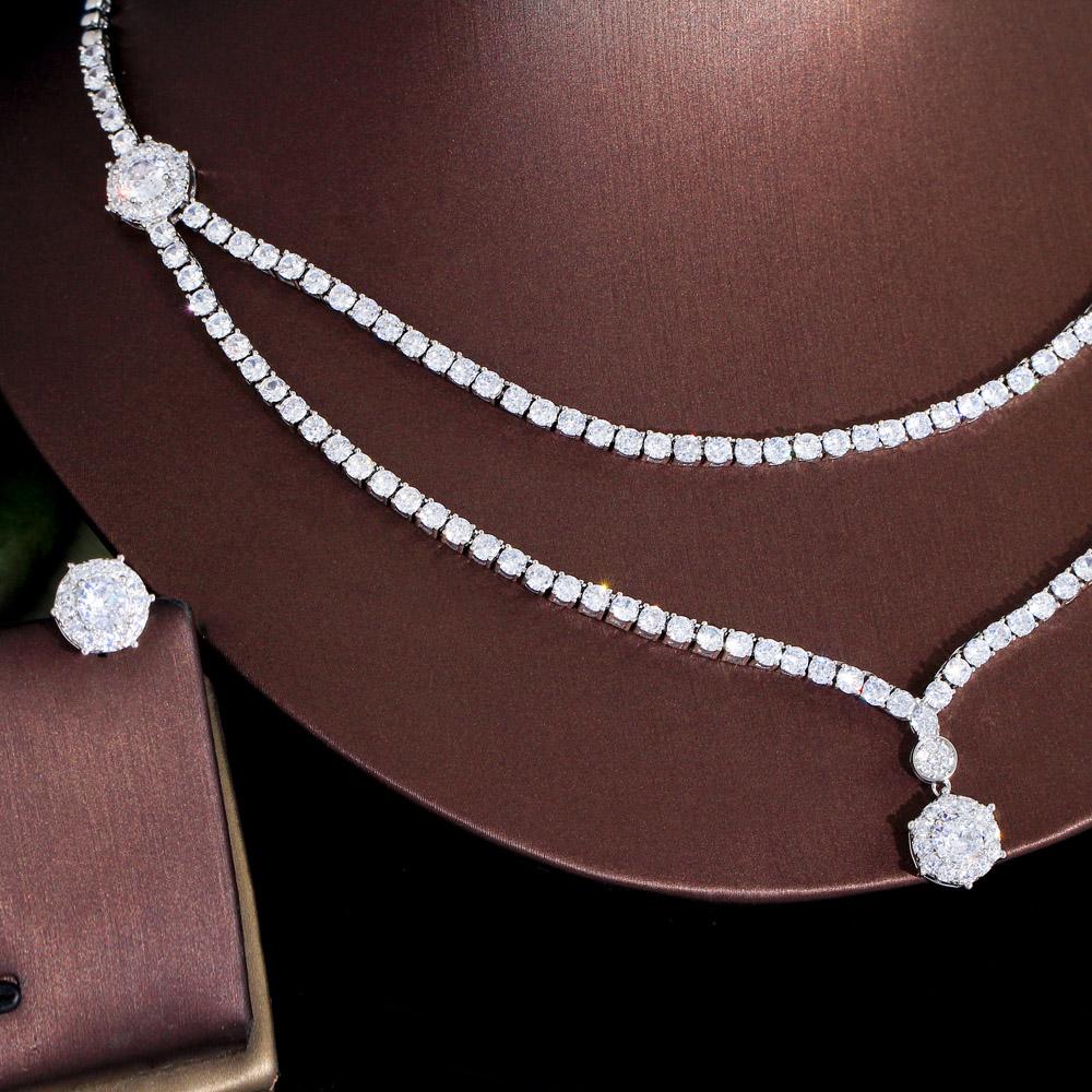 CMM Chic Dangle Drop Runde Zirkon 2 Schichten Mehrere Halskette Frauen Hochzeit Bankett Schmuck Sets Braut Kostüm Zubehör