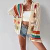 Ethnic Retro Crochet Rainbow Cardigan: Handmade Color Block Long Sleeve Knit Top