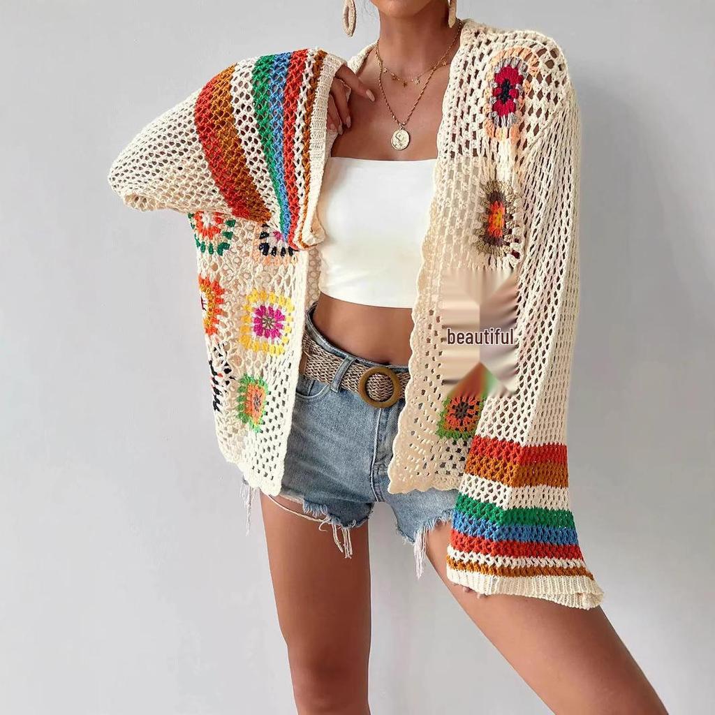 Ethnic Retro Crochet Rainbow Cardigan: Handmade Color Block Long Sleeve Knit Top