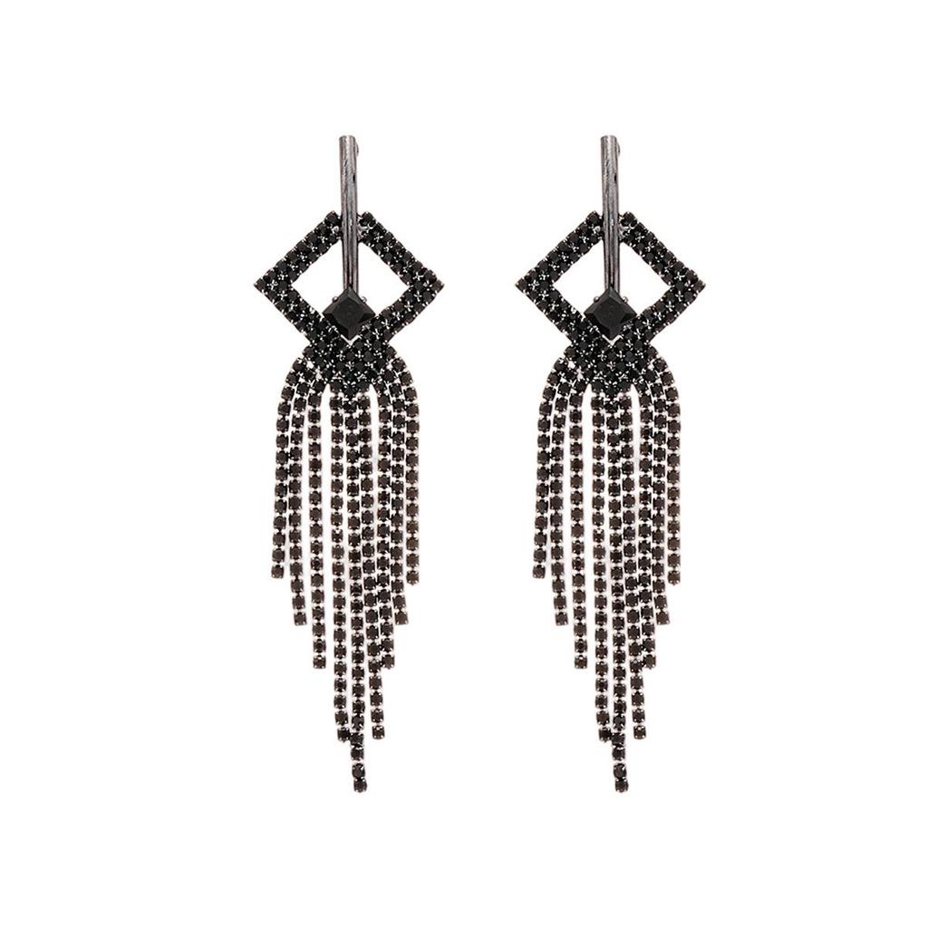 Silver Needle Rhinestone-Inlaid Geometric Tassel Stud Earrings - High-End Light Luxury Style