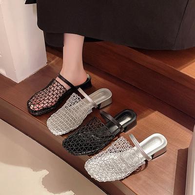 Innere Höhenerhöhung Mesh-Oberfläche atmungsaktiv hohl gewebtes Fischernetz Schrägabsatz Wort mit Beutel Kopf Halbschuhe Damenbekleidung Mules