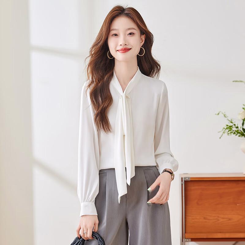 Women's French Style Bow Tie Satin Long Sleeve Blouse