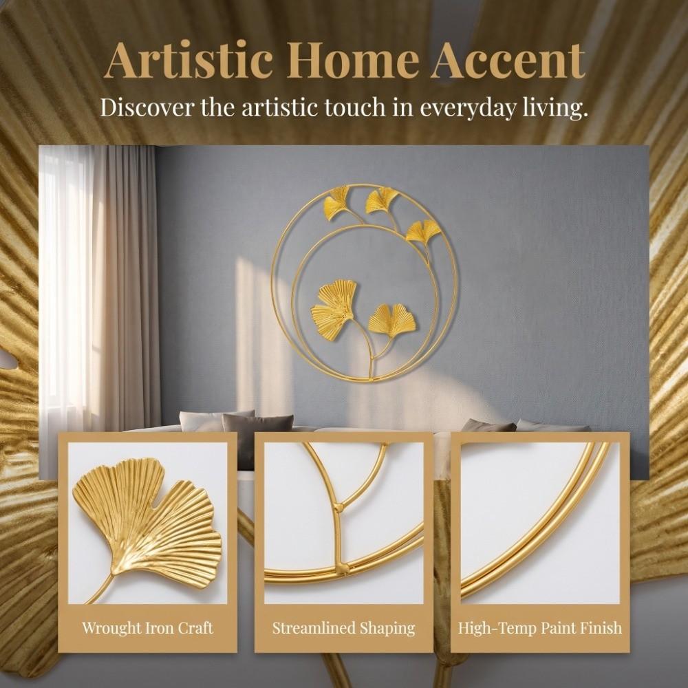 Elegant Metal Wall Hanging Decor Gold 11.02in Leaf Wall Ornament Light Luxury Round Leaf Decoration Indoor Wall Decor