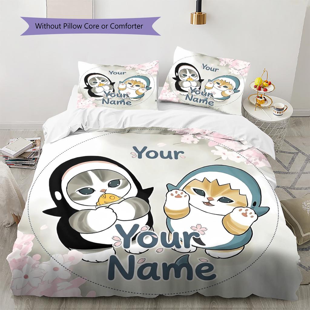 Penguin Cats Adventure Custom Name Pattern Bedding Quilt Set Quilt Cover Pillowcase Home Birthday Gift(1 * Duvet Cover + 2 * Pillowcase, Without Core)