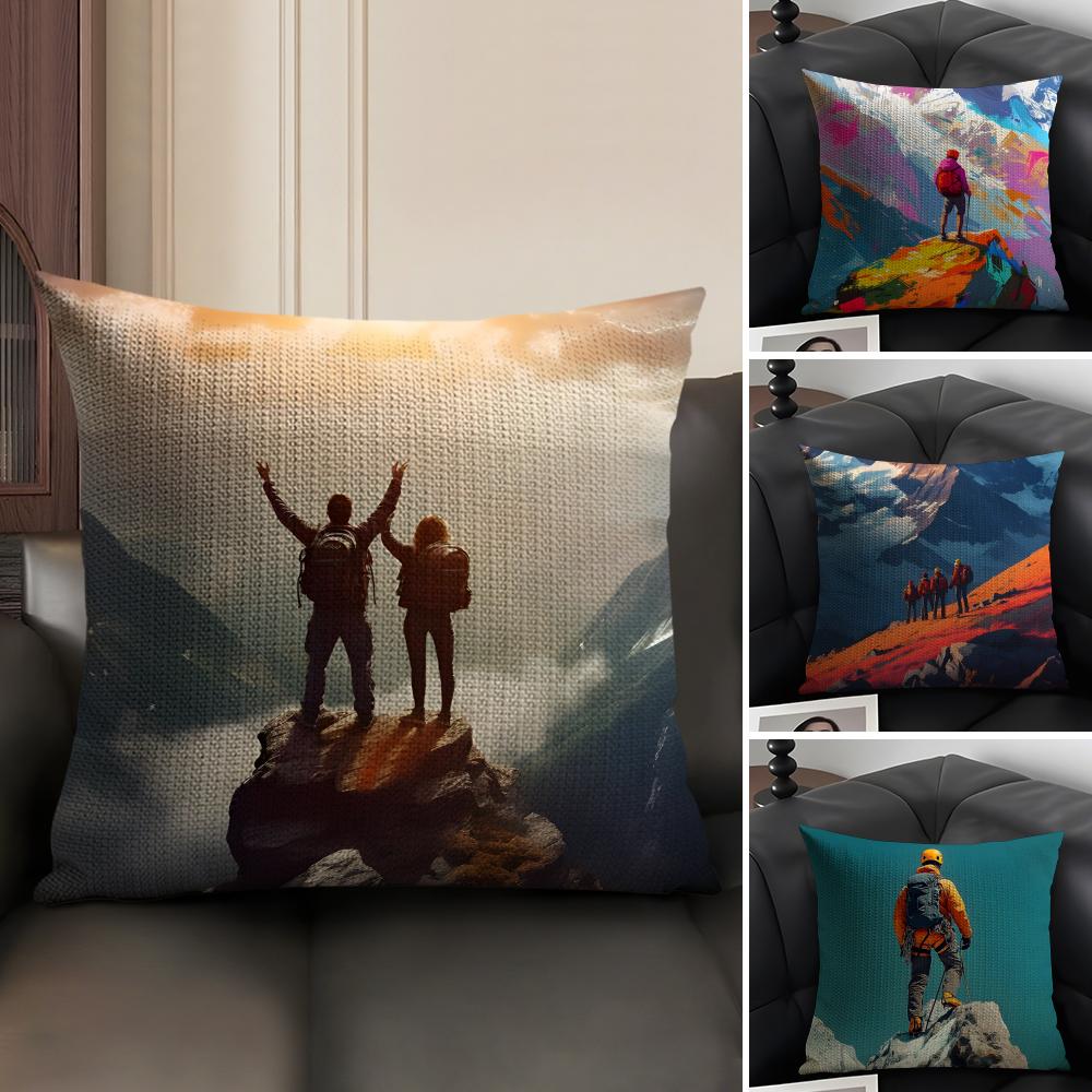 Mountain Climbing Cushion Cover Natural Linen Organic Fabric Double-Sided Printing Sofa Home Decor Gift Pillow Case