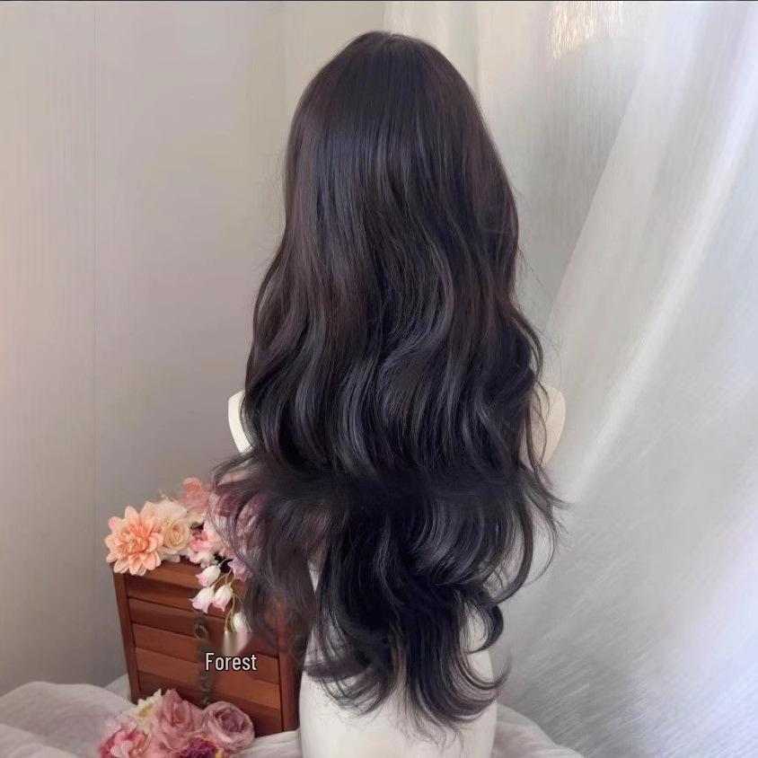 Refined Brown-Black Long Curly Wig with Natural Center Part for European and American Styles