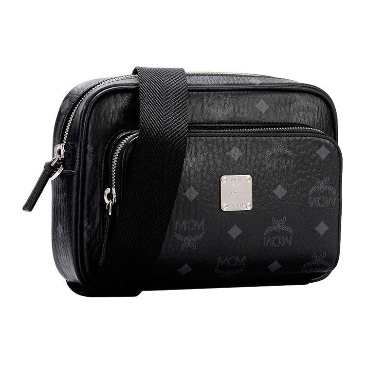 MCM Black Visetos Monogram Crossbody Camera Bag with Silver Logo Plate & Webbing Strap for Daily & Travel Use