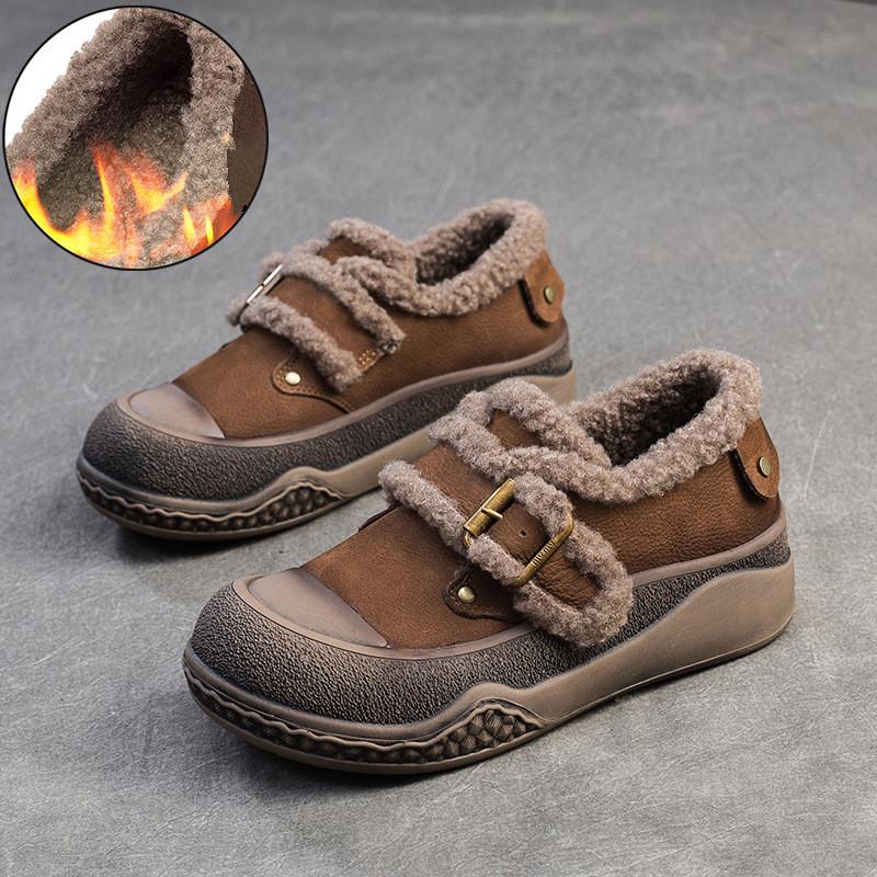 Johnature Plyšové hřejivé retro univerzální mokasíny z pravé kůže Ležérní dámské boty na ploché platformě se silnou podrážkou