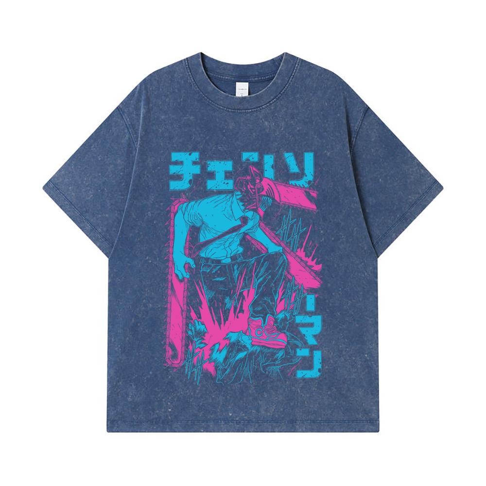

275 GSM Washed T-shirts 100% Cotton Chainsaw Man V9 Denji Print Unisex Heavy Cotton T Shirt 2XL королівський синій колір