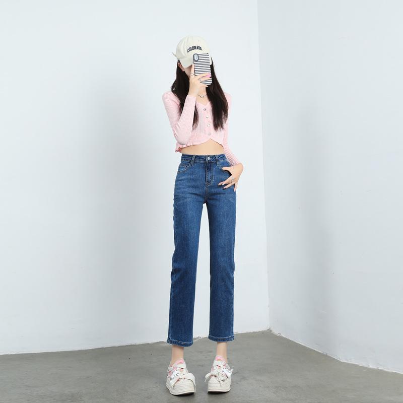 2024 Autumn/Winter High-Waisted Slimming Straight-Leg French Stretch Jeans for Women - Chic Petite Cropped Pants