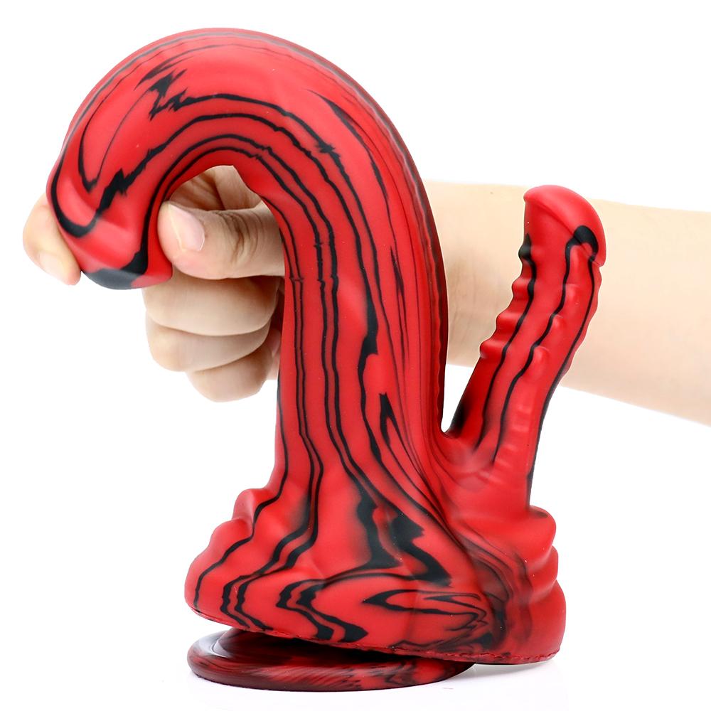 Rotschwarzer Silikon-Monsterdildos, Fantasie-Pferde-/Hundedildo mit Knoten, riesiger Schwanz, dicker Analpenis mit starkem Saugnapf