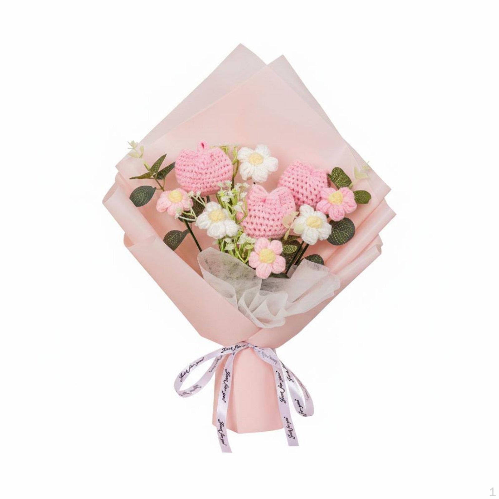 Knitted Flower Bouquet Crochet Artificial Handmade Yarn Blossoms Long for Mom,