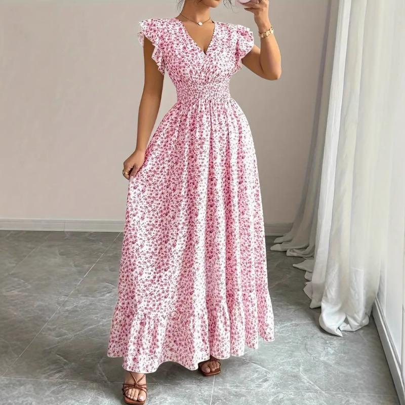 Summer Floral Printed Long Dress with Ruffled Short Sleeved V-neck Fashion Big Swing A-line Holiday Party Dress Elastic Waist Loose Casual Clothing
