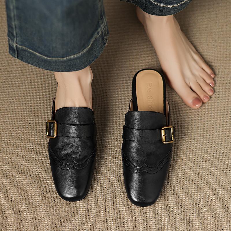 Fashion 2025 New Genuine Leather Mueller Slippers Woman Round Toe Slip-on Casual Shoes Spring Summer Shoes Outdoors Walk Shoes Woman