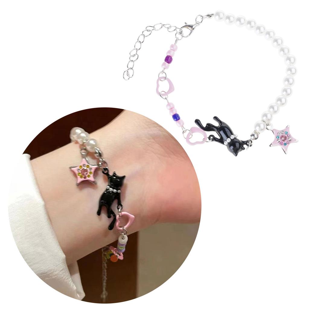 Vintage Pearls Bead Cats Face Charm Bracelet With Star Pendant Flexible Chain Pearls Charm Wrist Chain For Daily Wear