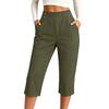 Women's Loose Fit Straight Leg Elastic Waistband Beach Capri Pants Casual Cropped Trousers with Button Detail and Side Pockets