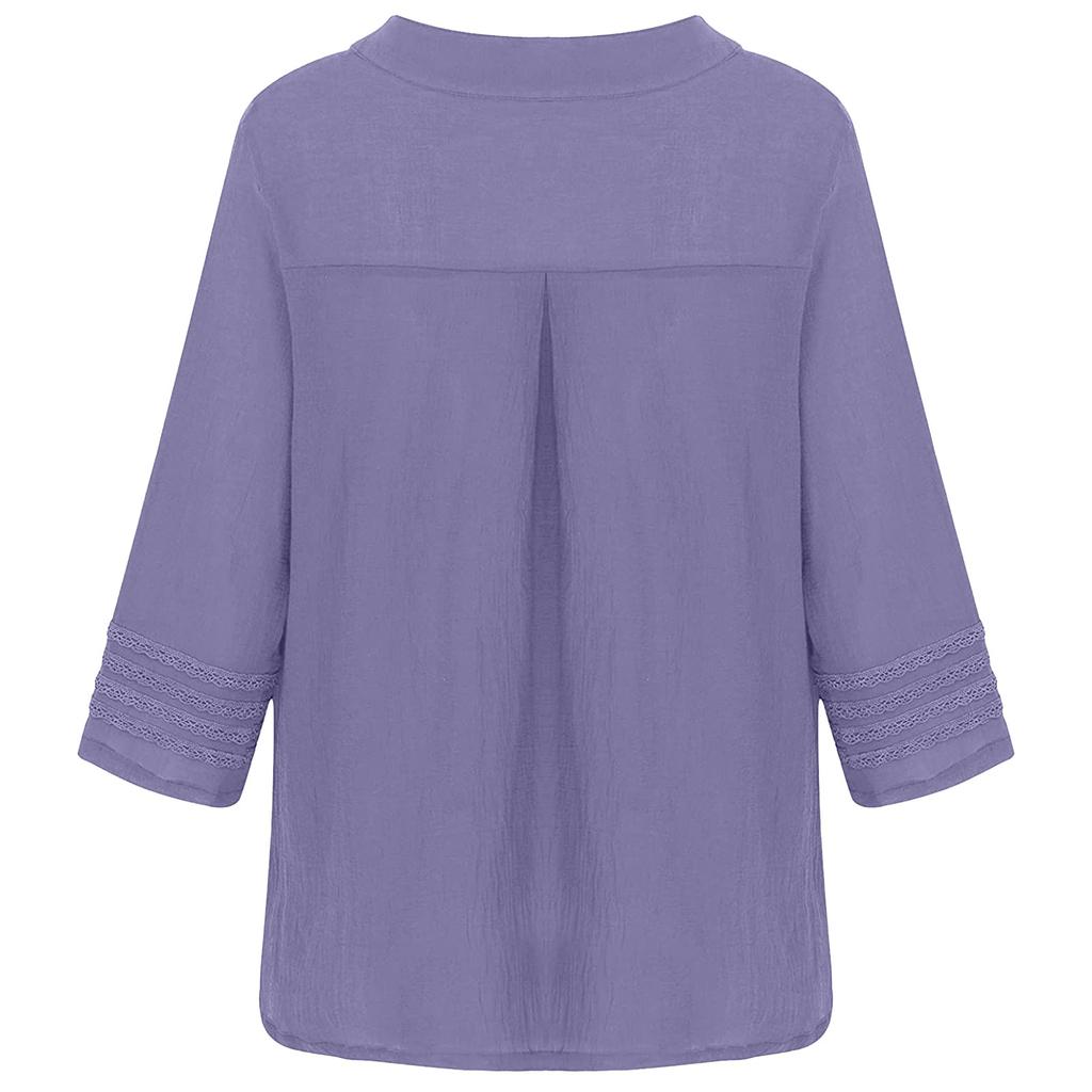 Women Flared Sleeve Tops Solid V-Neck Lace Splicing Fold Three Quarter Sleeve