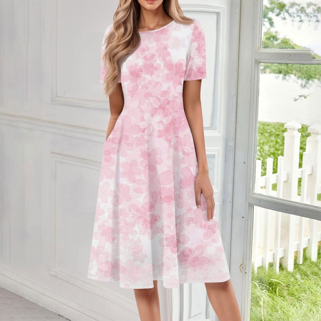 Women's Casual Fashion Round Neck Short Sleeve Floral Print Midi Dress