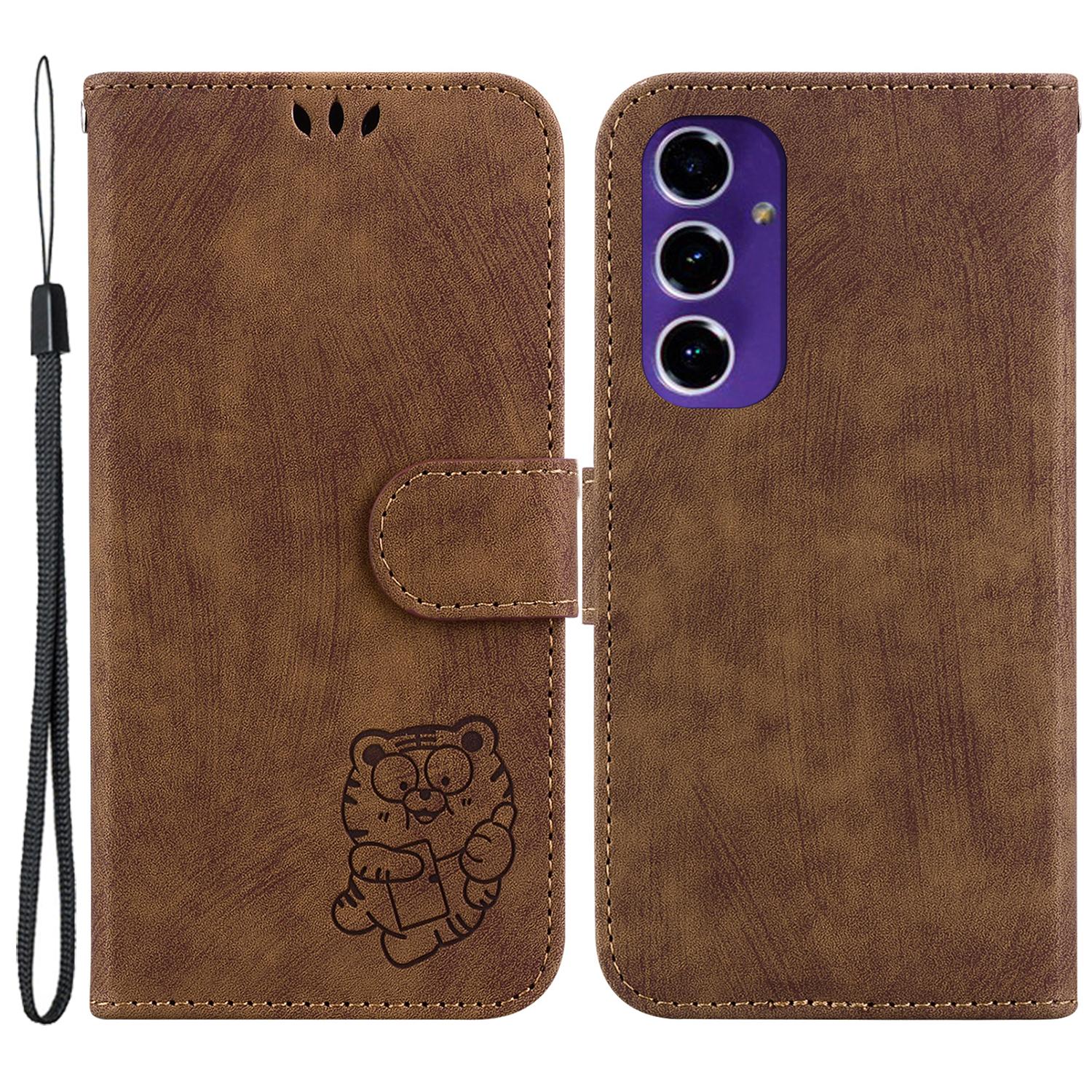 

For Samsung Galaxy S24 FE Phone Stand Case Imprinted Tiger PU Leather Wallet Phone Cover Brown