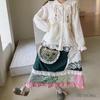 Retro Forest Corduroy Irregular Patchwork Embroidered Lace Midi Skirt - Fleece-Lined for Autumn & Winter
