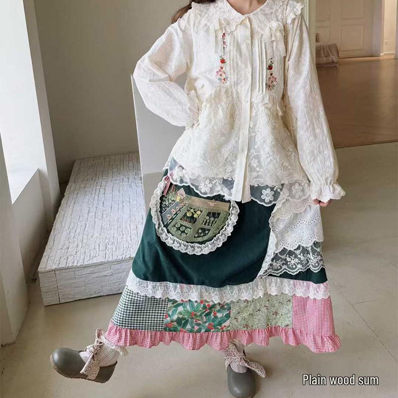 Retro Forest Corduroy Irregular Patchwork Embroidered Lace Midi Skirt - Fleece-Lined for Autumn & Winter