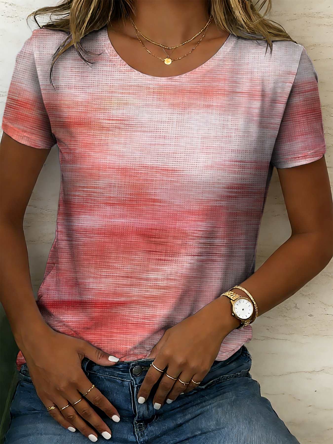 Women s gradient tie-dye casual T-shirt with 3D round neck design and all-over print. XXS