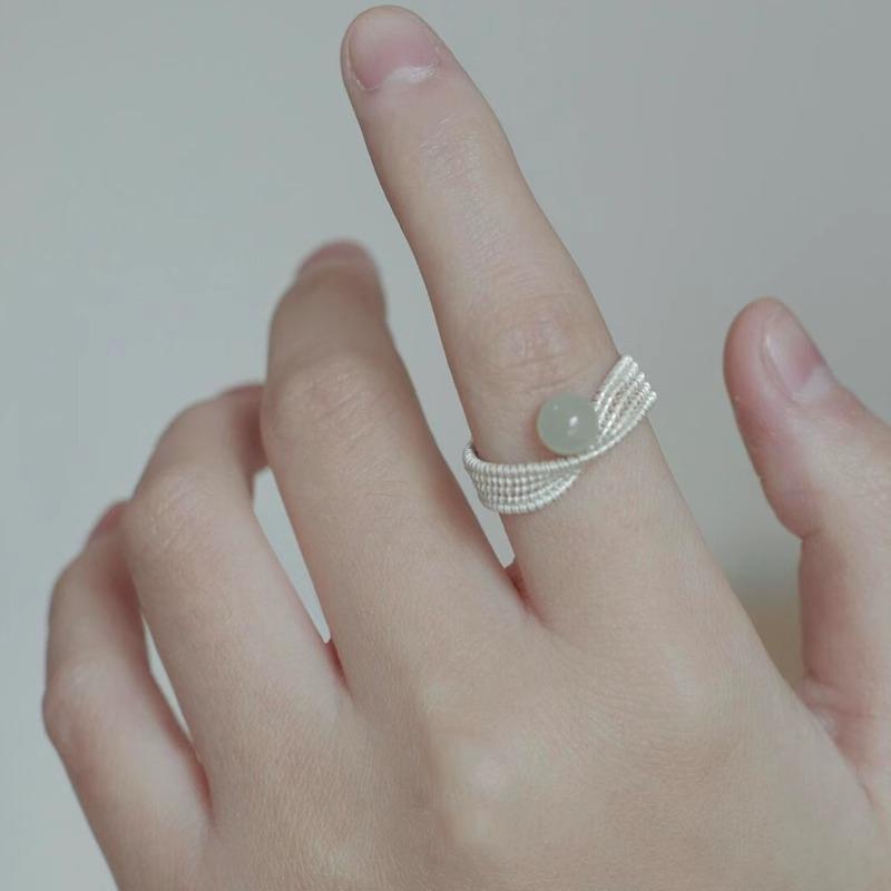 Sterling Silver Braided Line Hotan Jade Ring Female Minority Design National Style Ring