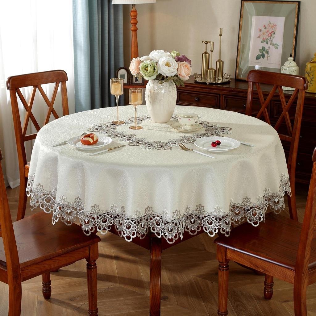 A Beautifully Embroidered Polyester Round Tablecloth with a Two-tone Lace Border - Machine Woven, 100% Polyester for Dining Room, Kitchen and Event