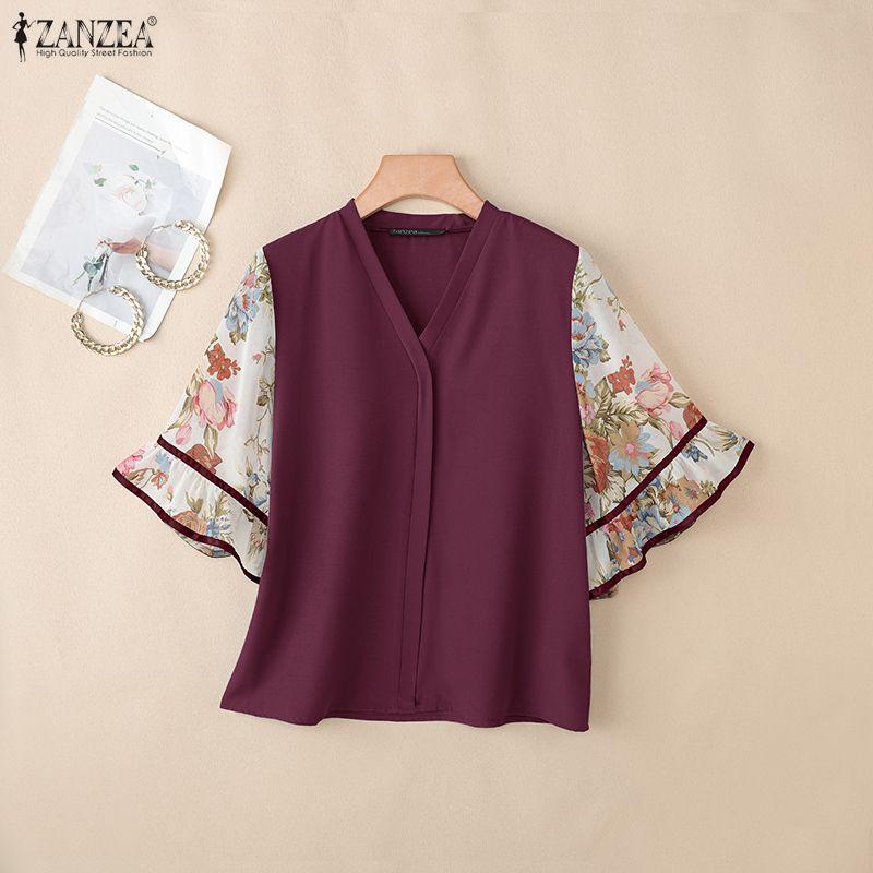 ZANZEA Women Casual V-Neck Splice Half Sleeve Loose Blouse