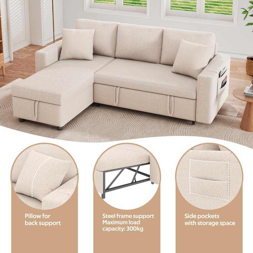 Sofa bed with sleep function, L-shaped sofa, chaise longue with storage space, with pocket storage, left and right interchangeable. Beige.